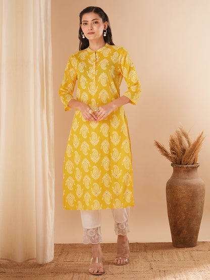 Ethnic Khari Printed Straight Fit Kurta - Yellow