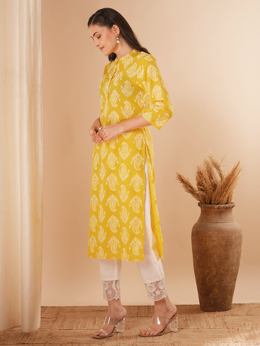 Ethnic Khari Printed Straight Fit Kurta - Yellow