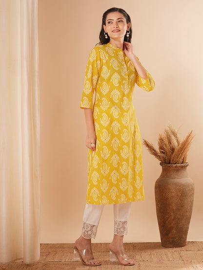 Ethnic Khari Printed Straight Fit Kurta - Yellow