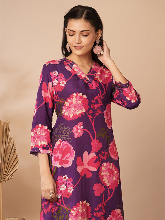 Abstract Floral Printed Straight Fit Kurta - Purple