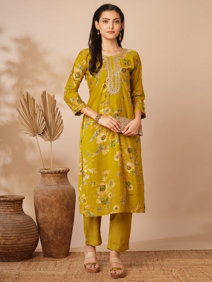 Floral Foil Printed & Embroidered Straight Kurta with Pant - Mustard