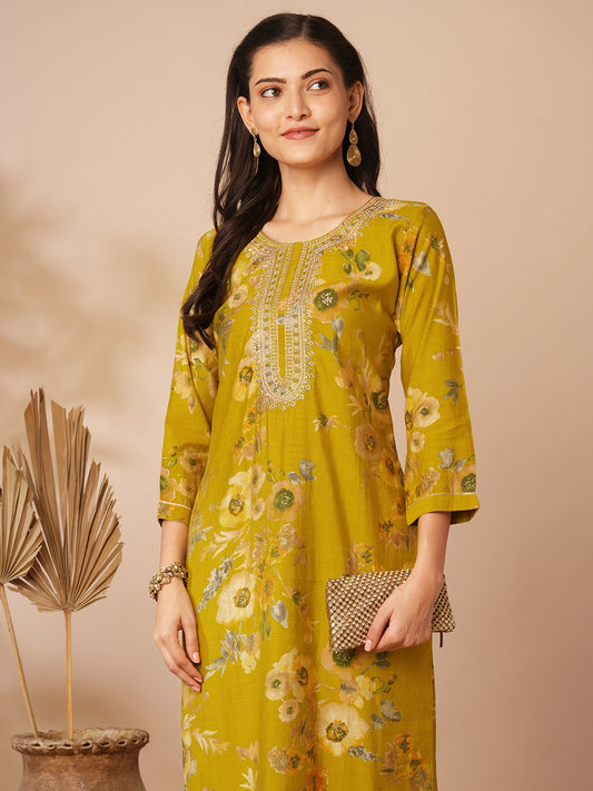 Floral Foil Printed & Embroidered Straight Kurta with Pant - Mustard