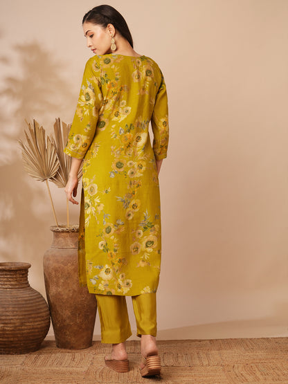 Floral Foil Printed & Embroidered Straight Kurta with Pant - Mustard