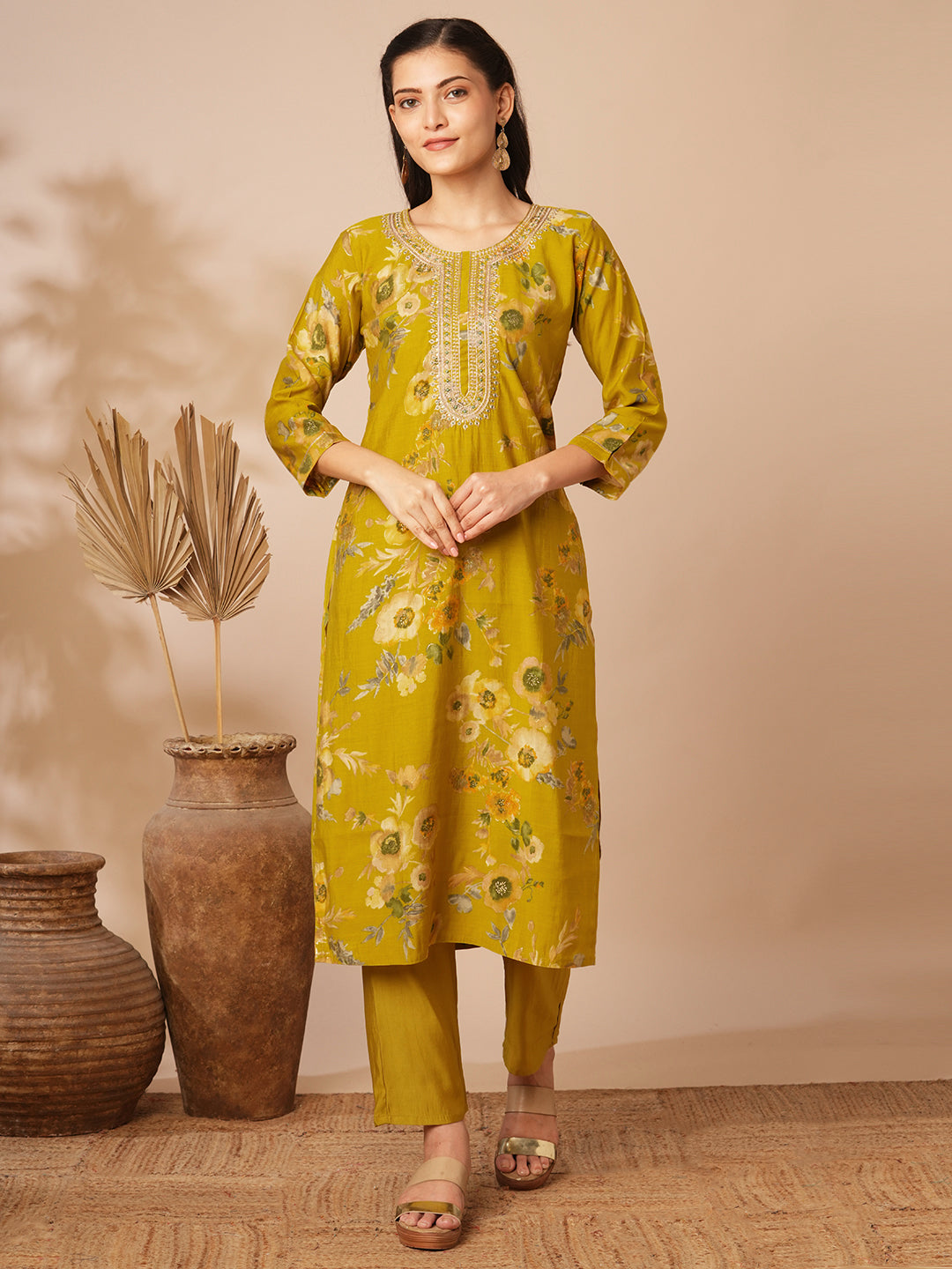 Floral Foil Printed & Embroidered Straight Kurta with Pant - Mustard