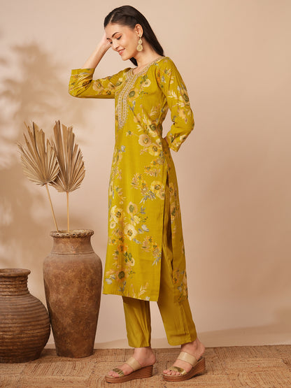 Floral Foil Printed & Embroidered Straight Kurta with Pant - Mustard