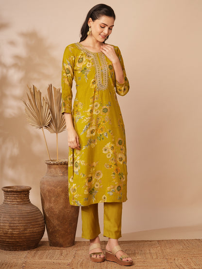 Floral Foil Printed & Embroidered Straight Kurta with Pant - Mustard