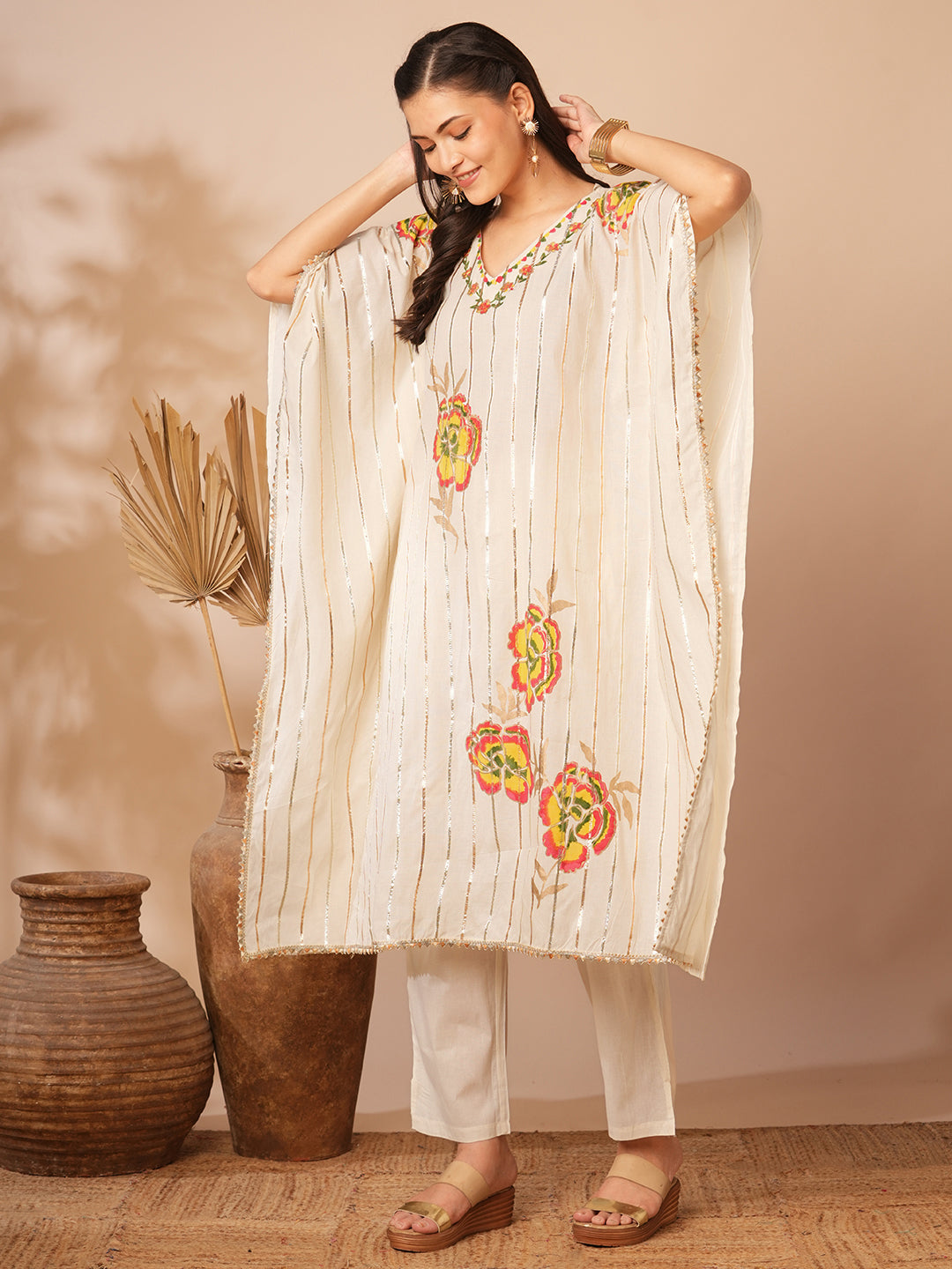 Solid Gota Striped & Floral Printed Kaftan Kurta with Pant - Off White