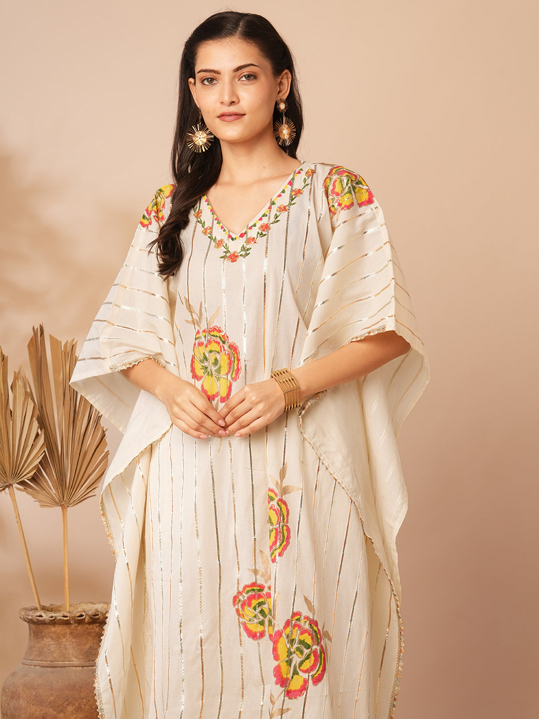 Solid Gota Striped & Floral Printed Kaftan Kurta with Pant - Off White