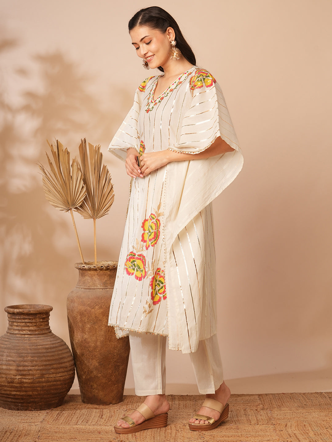 Solid Gota Striped & Floral Printed Kaftan Kurta with Pant - Off White