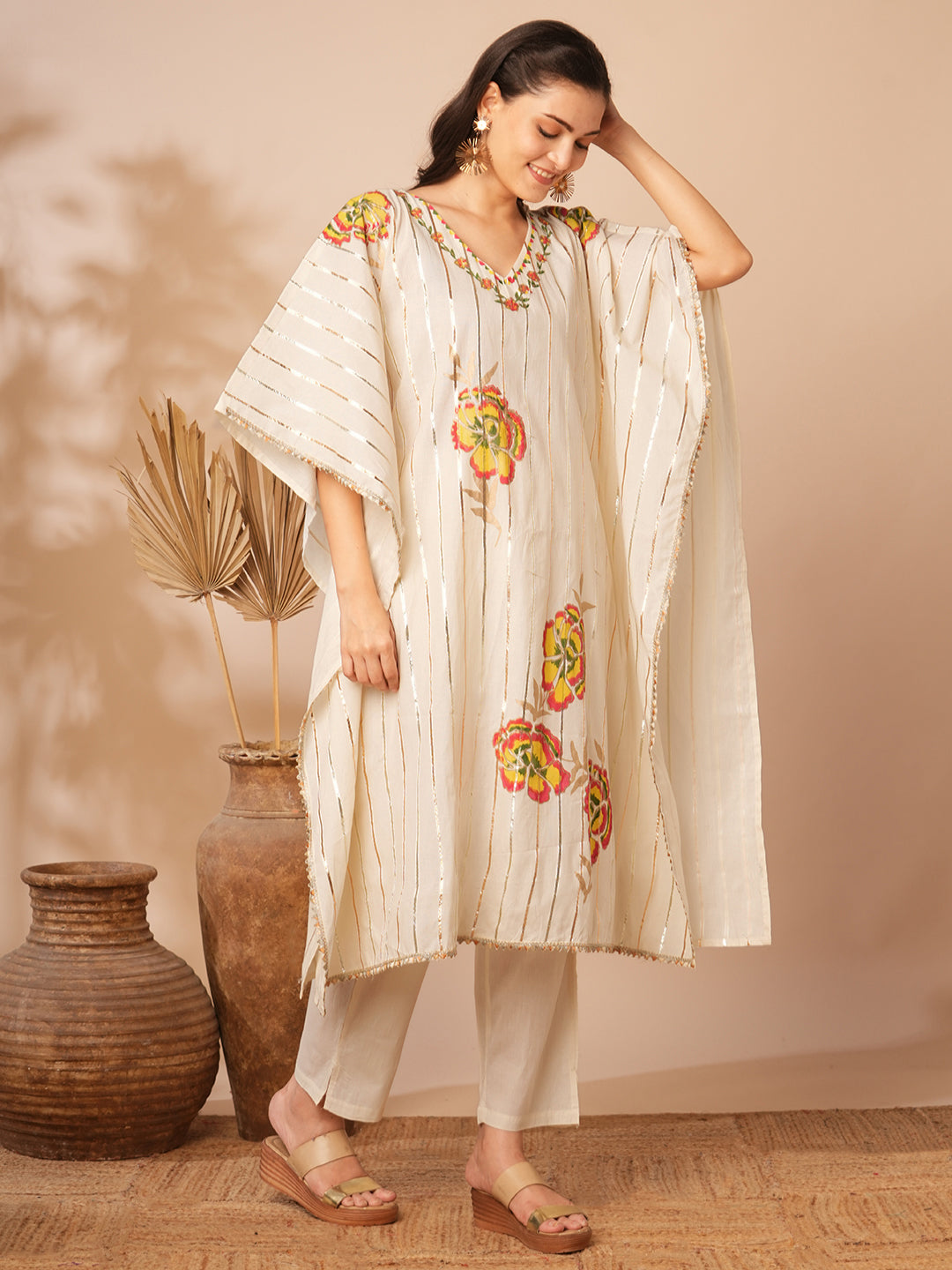 Solid Gota Striped & Floral Printed Kaftan Kurta with Pant - Off White