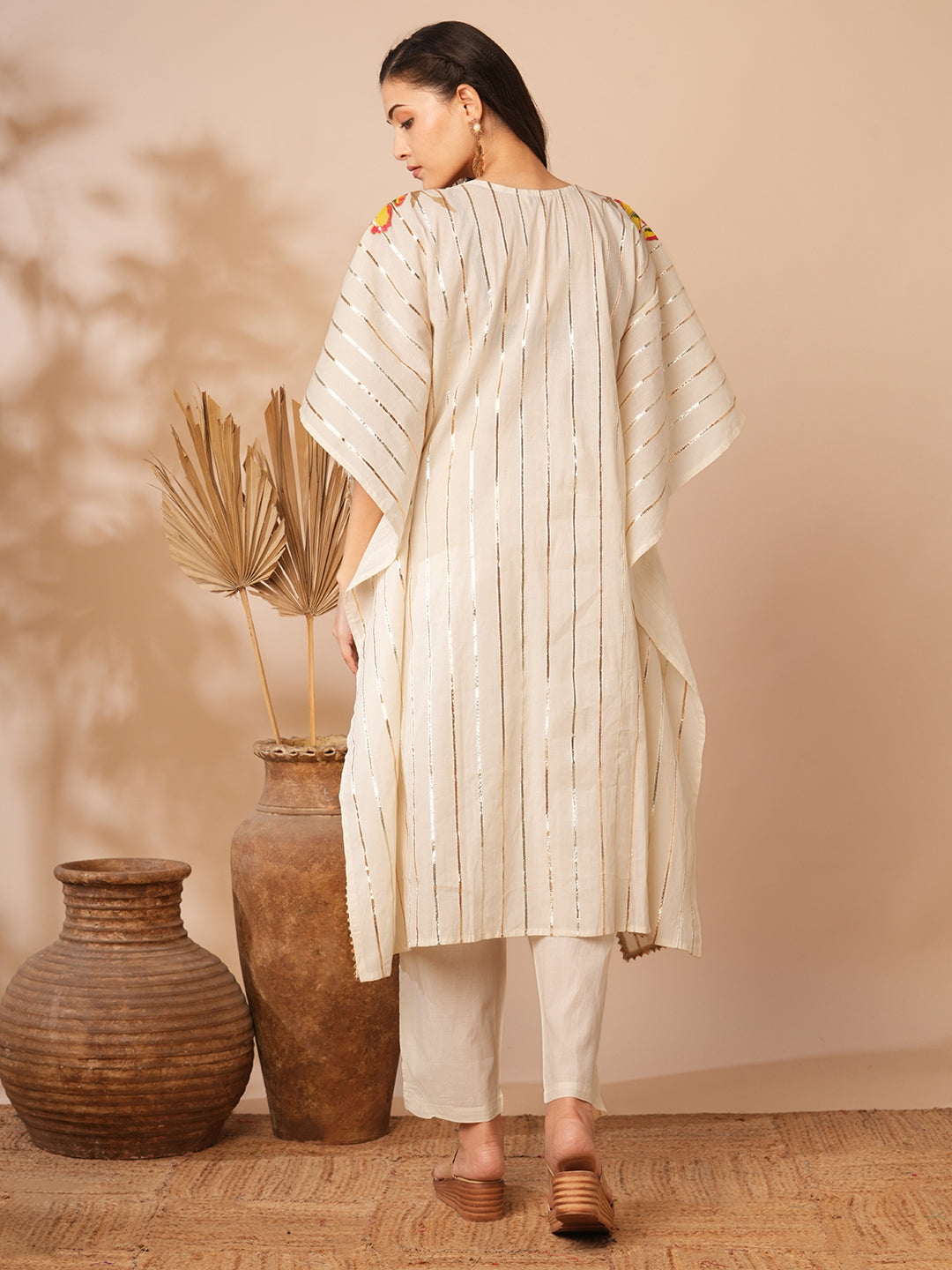 Solid Gota Striped & Floral Printed Kaftan Kurta with Pant - Off White