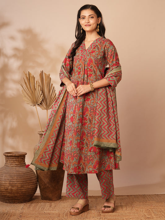 Ethnic Floral Printed & Embroidered A-Line Kurta with Palazzo and Dupatta - Grey