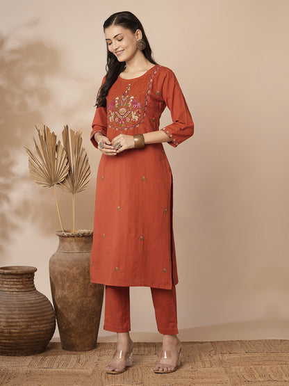 Solid Ethnic Mirror Embroidered Straight Fit Cotton Flax Co-ord Set - Orange