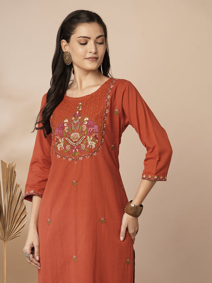 Solid Ethnic Mirror Embroidered Straight Fit Cotton Flax Co-ord Set - Orange