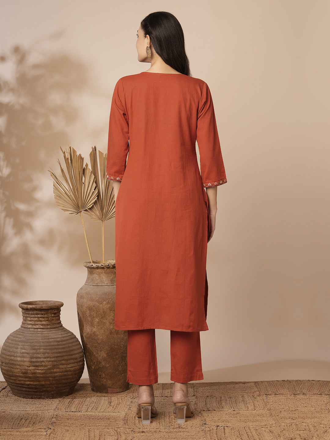 Solid Ethnic Mirror Embroidered Straight Fit Cotton Flax Co-ord Set - Orange