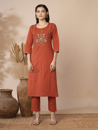 Solid Ethnic Mirror Embroidered Straight Fit Cotton Flax Co-ord Set - Orange