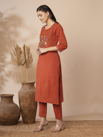 Solid Ethnic Mirror Embroidered Straight Fit Cotton Flax Co-ord Set - Orange