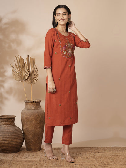 Solid Ethnic Mirror Embroidered Straight Fit Cotton Flax Co-ord Set - Orange