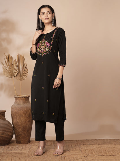 Solid Ethnic Mirror Embroidered Straight Fit Cotton Flax Co-ord Set - Black