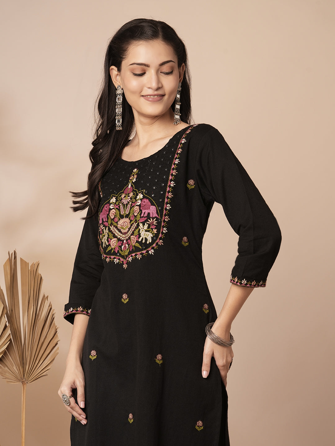 Solid Ethnic Mirror Embroidered Straight Fit Cotton Flax Co-ord Set - Black