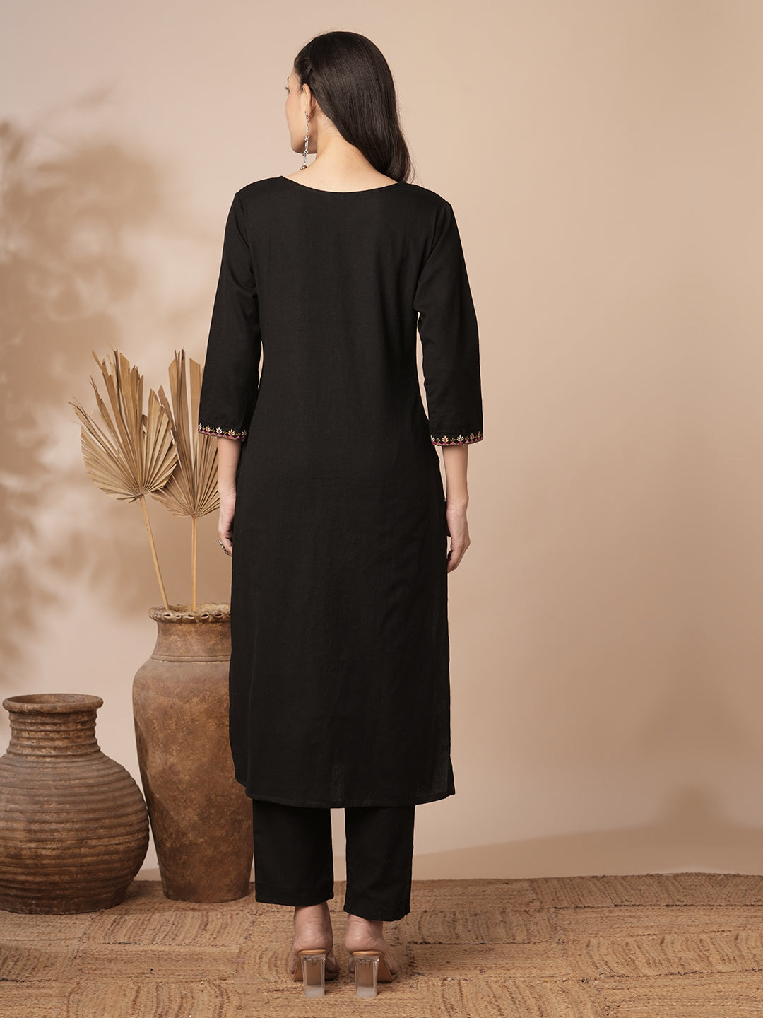 Solid Ethnic Mirror Embroidered Straight Fit Cotton Flax Co-ord Set - Black