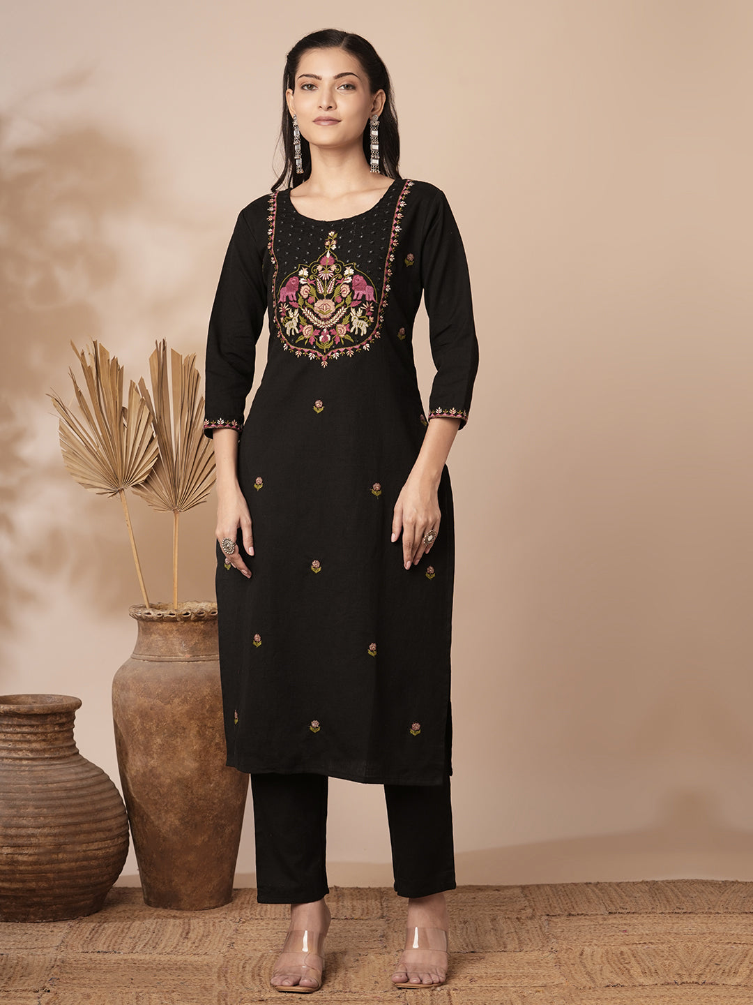 Solid Ethnic Mirror Embroidered Straight Fit Cotton Flax Co-ord Set - Black