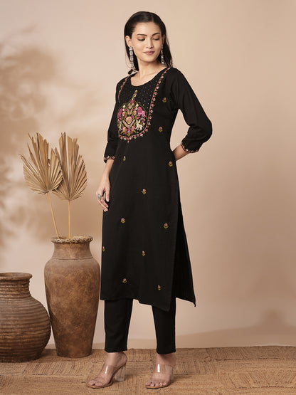 Solid Ethnic Mirror Embroidered Straight Fit Cotton Flax Co-ord Set - Black