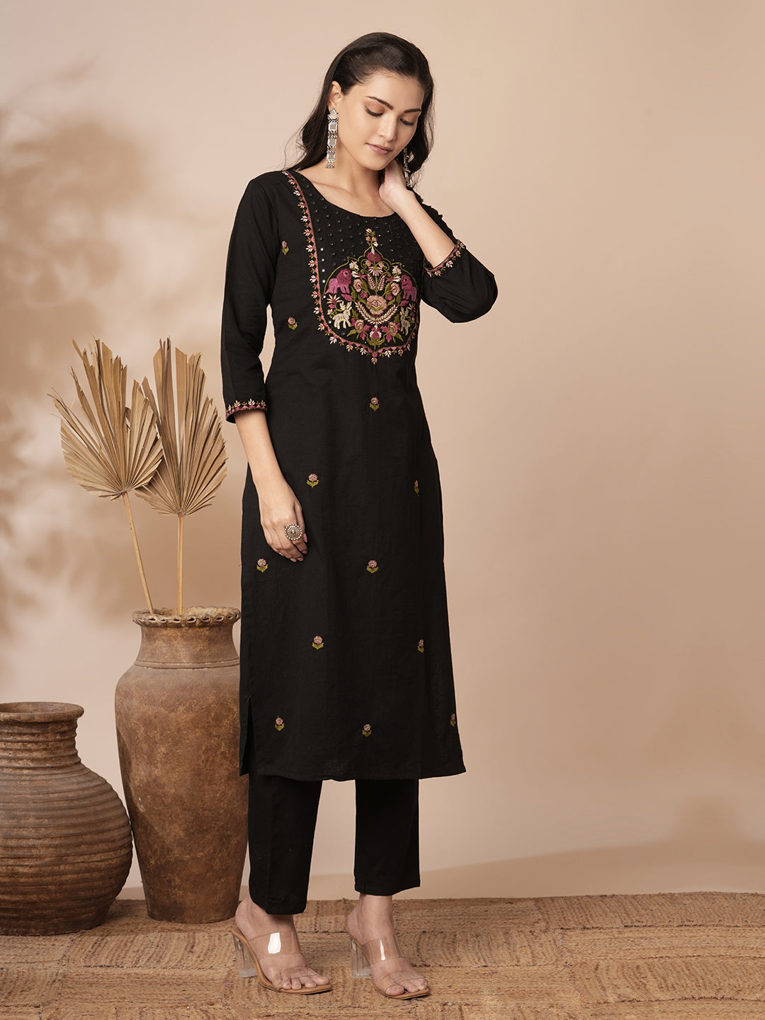 Solid Ethnic Mirror Embroidered Straight Fit Cotton Flax Co-ord Set - Black