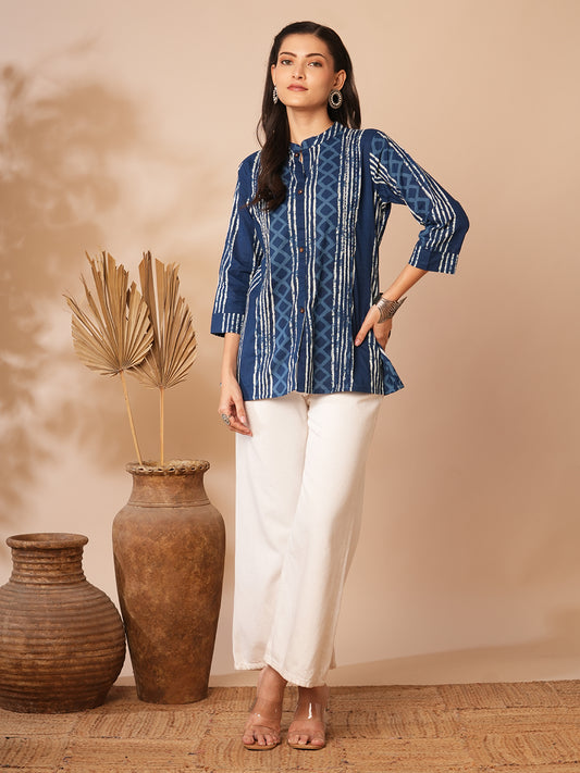 Ethnic Stripes Printed Straight Fit Kurti - Blue