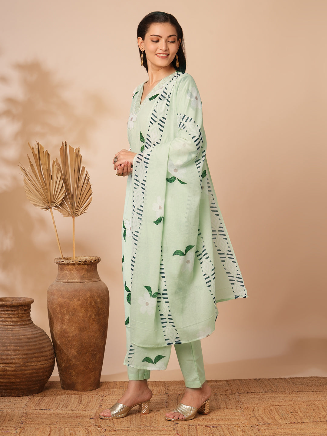 Floral Printed & Embroidered Straight Kurta with Pant & Dupatta - Mint Green