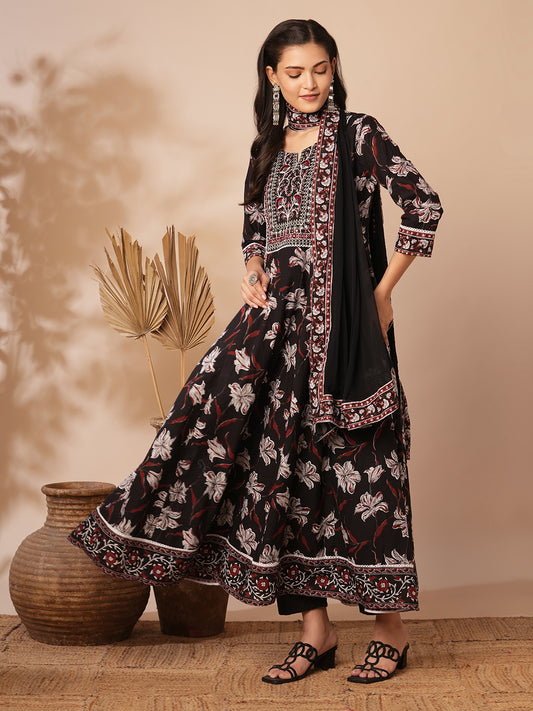 Floral Printed Embroidered Anarkali Flared Kurta with Pant and Dupatta - Black