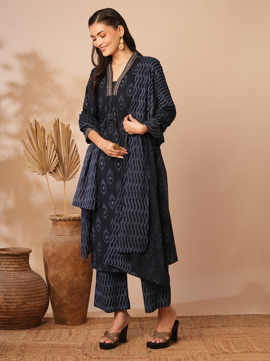 Ethnic Ikat Printed & Embroidered A-Line Kurta with Pant & Dupatta - Blue