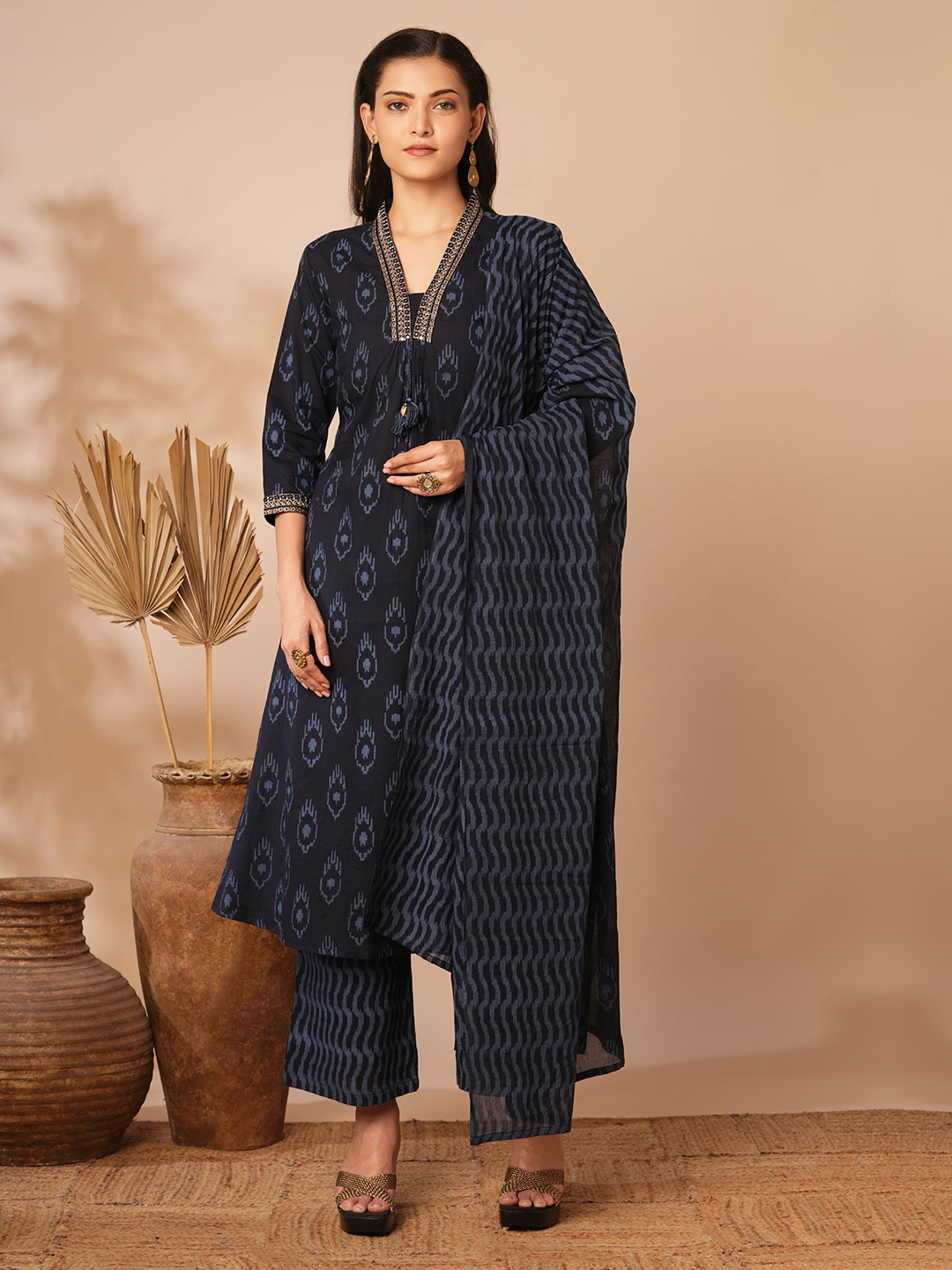 Ethnic Ikat Printed & Embroidered A-Line Kurta with Pant & Dupatta - Blue