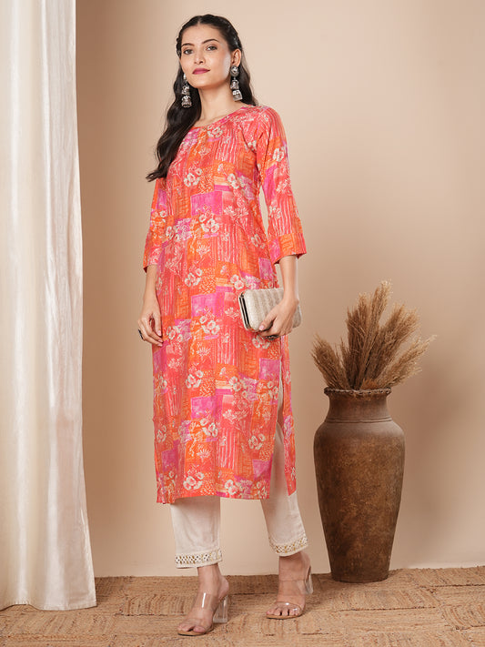 Abstract Floral Printed & Embroidered Straight Fit Kurta - Multi