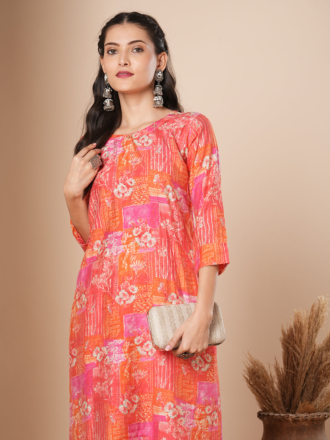 Abstract Floral Printed & Embroidered Straight Fit Kurta - Multi