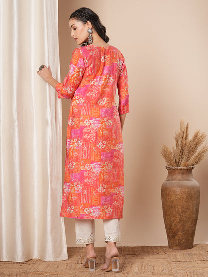 Abstract Floral Printed & Embroidered Straight Fit Kurta - Multi