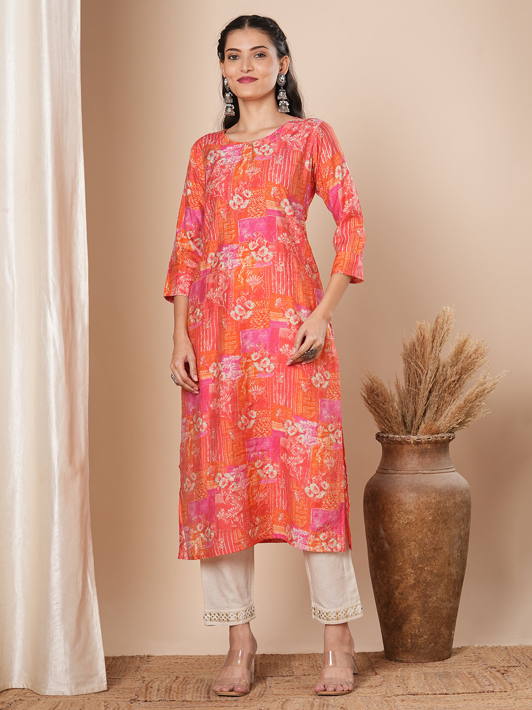 Abstract Floral Printed & Embroidered Straight Fit Kurta - Multi