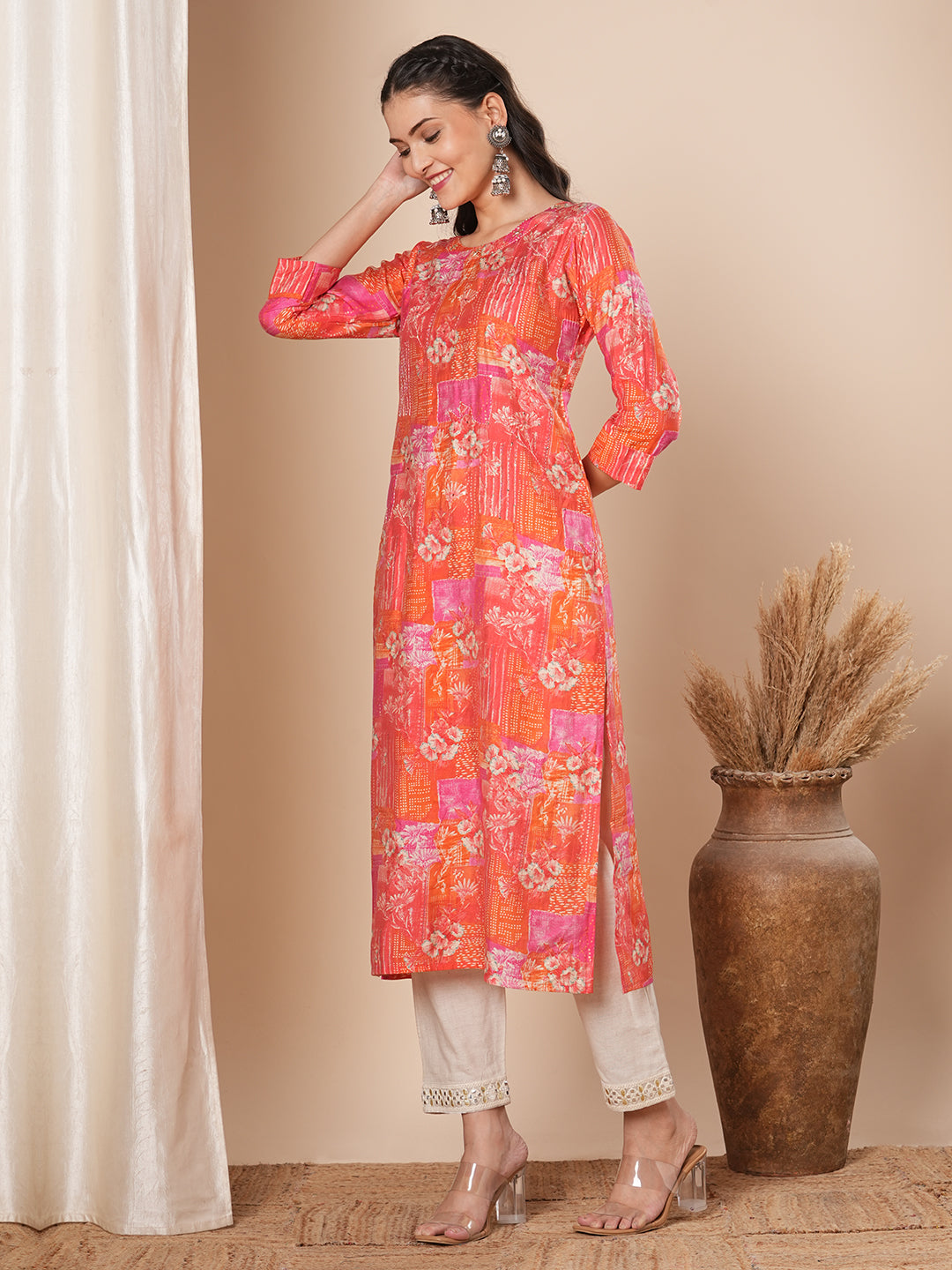 Abstract Floral Printed & Embroidered Straight Fit Kurta - Multi