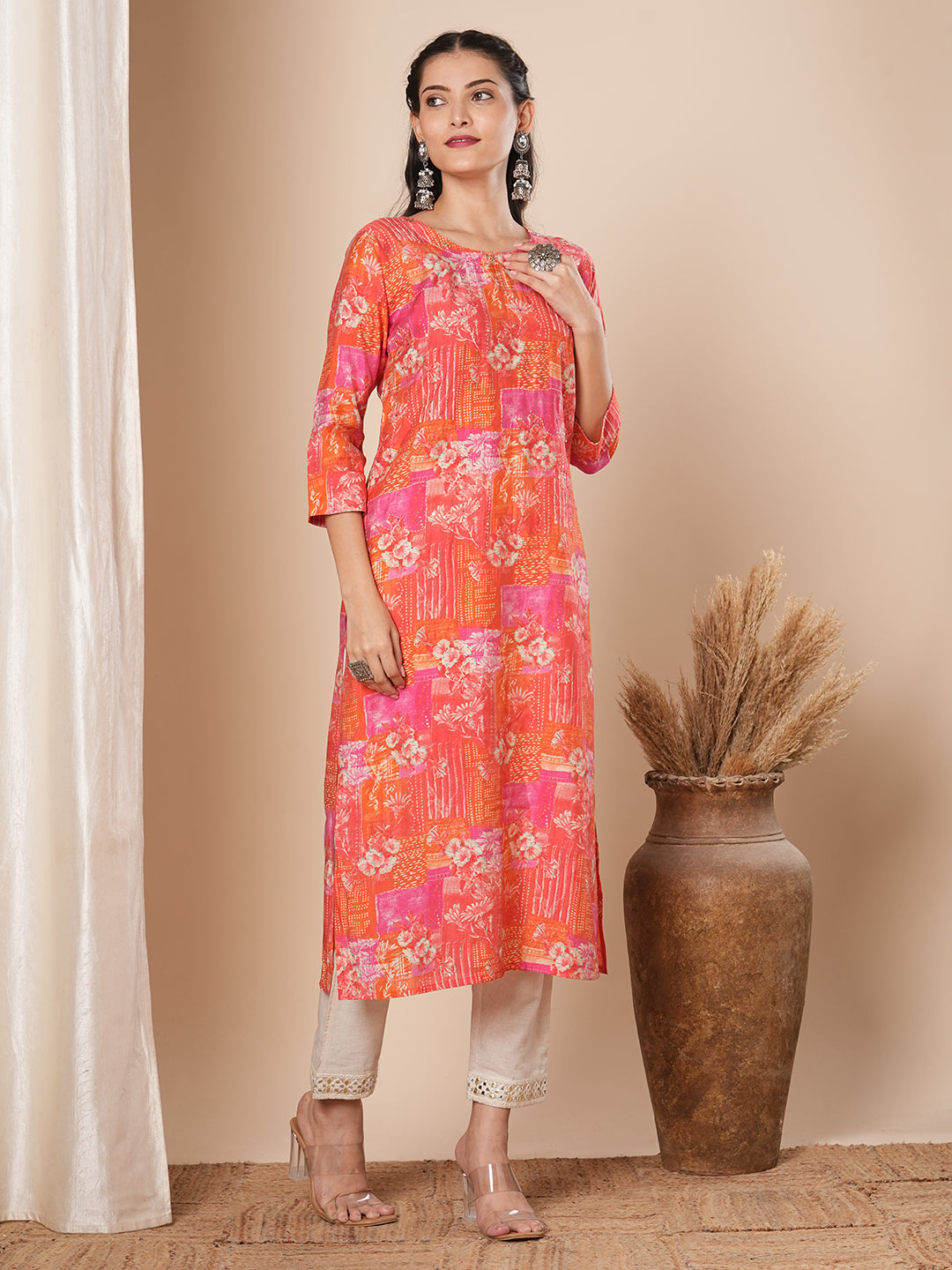 Abstract Floral Printed & Embroidered Straight Fit Kurta - Multi