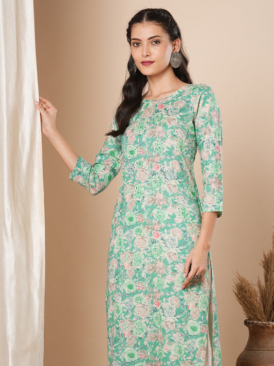 Abstract Floral Printed & Embroidered Straight Fit Kurta - Green