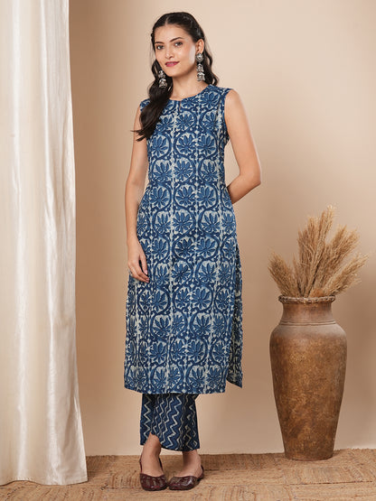 Floral Printed A-Line Kurta with Palazzo - Blue