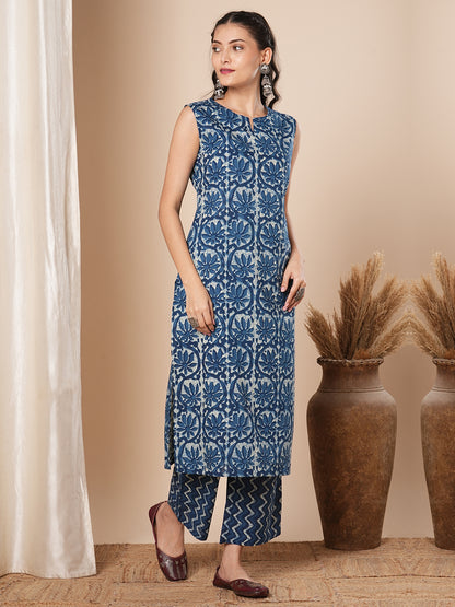 Floral Printed A-Line Kurta with Palazzo - Blue