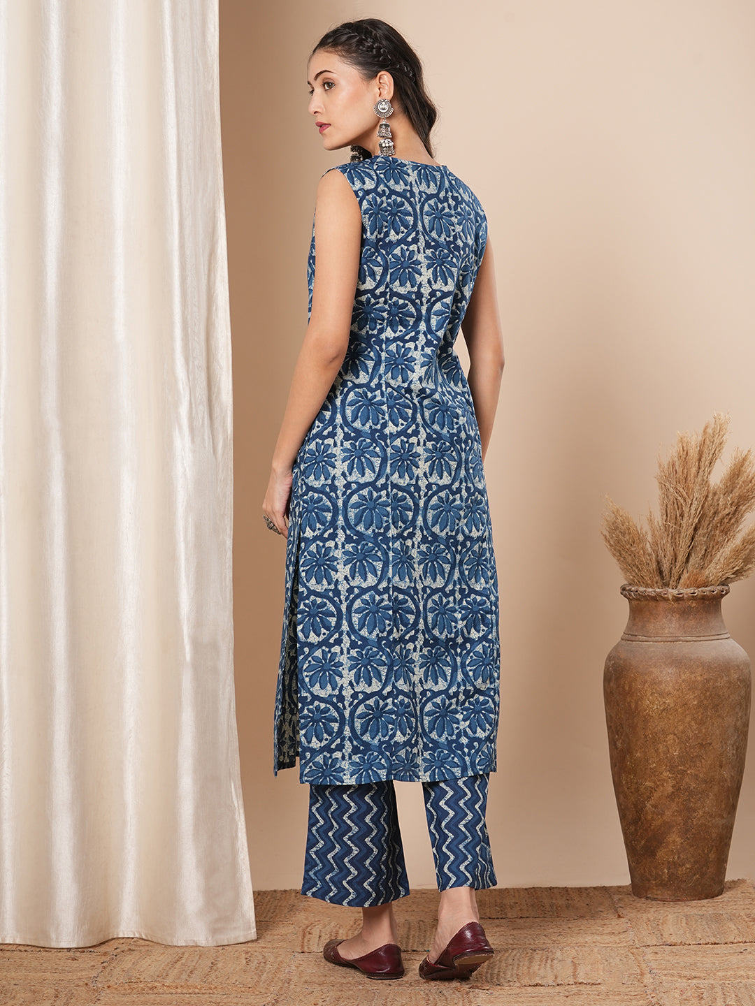 Floral Printed A-Line Kurta with Palazzo - Blue