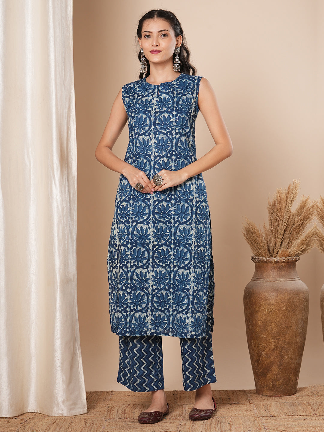 Floral Printed A-Line Kurta with Palazzo - Blue