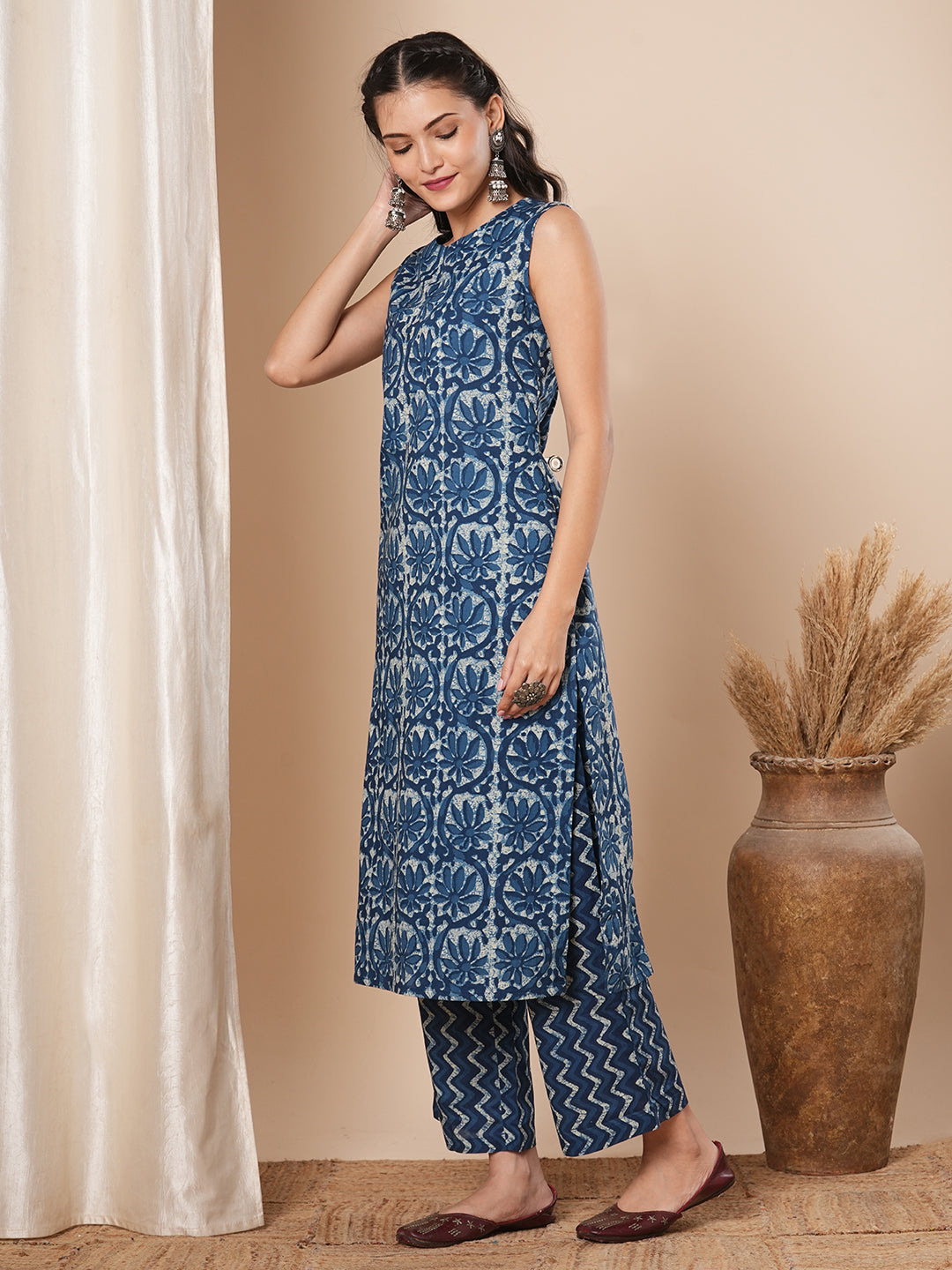 Floral Printed A-Line Kurta with Palazzo - Blue