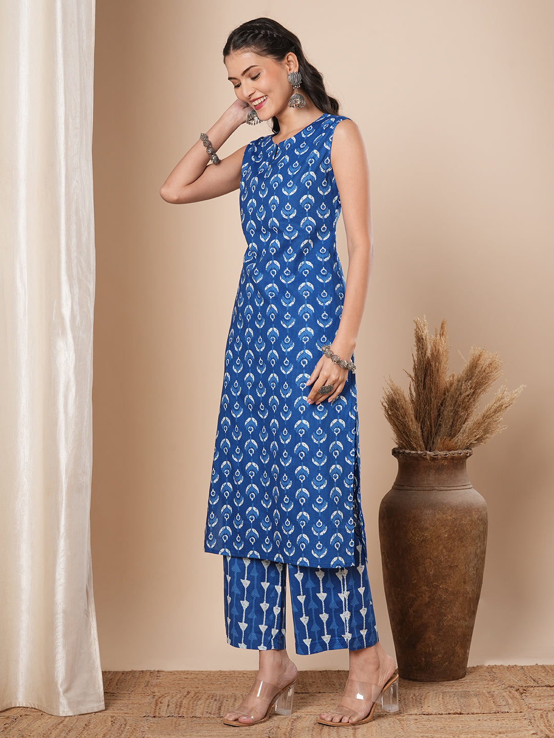 Ethnic Stripes Printed Straight Fit Co-ord Set - Blue