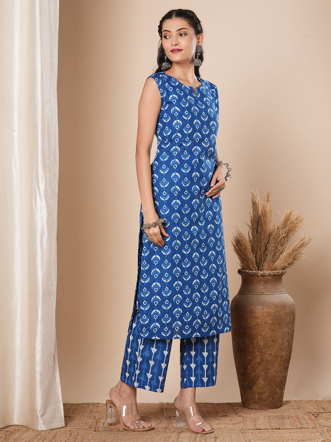 Ethnic Stripes Printed Straight Fit Co-ord Set - Blue