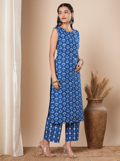 Ethnic Stripes Printed Straight Fit Co-ord Set - Blue