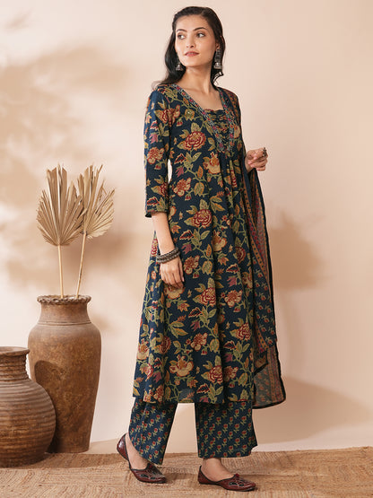 Ethnic Floral Printed & Embroidered A-Line Kurta with Palazzo & Dupatta -Teal Blue