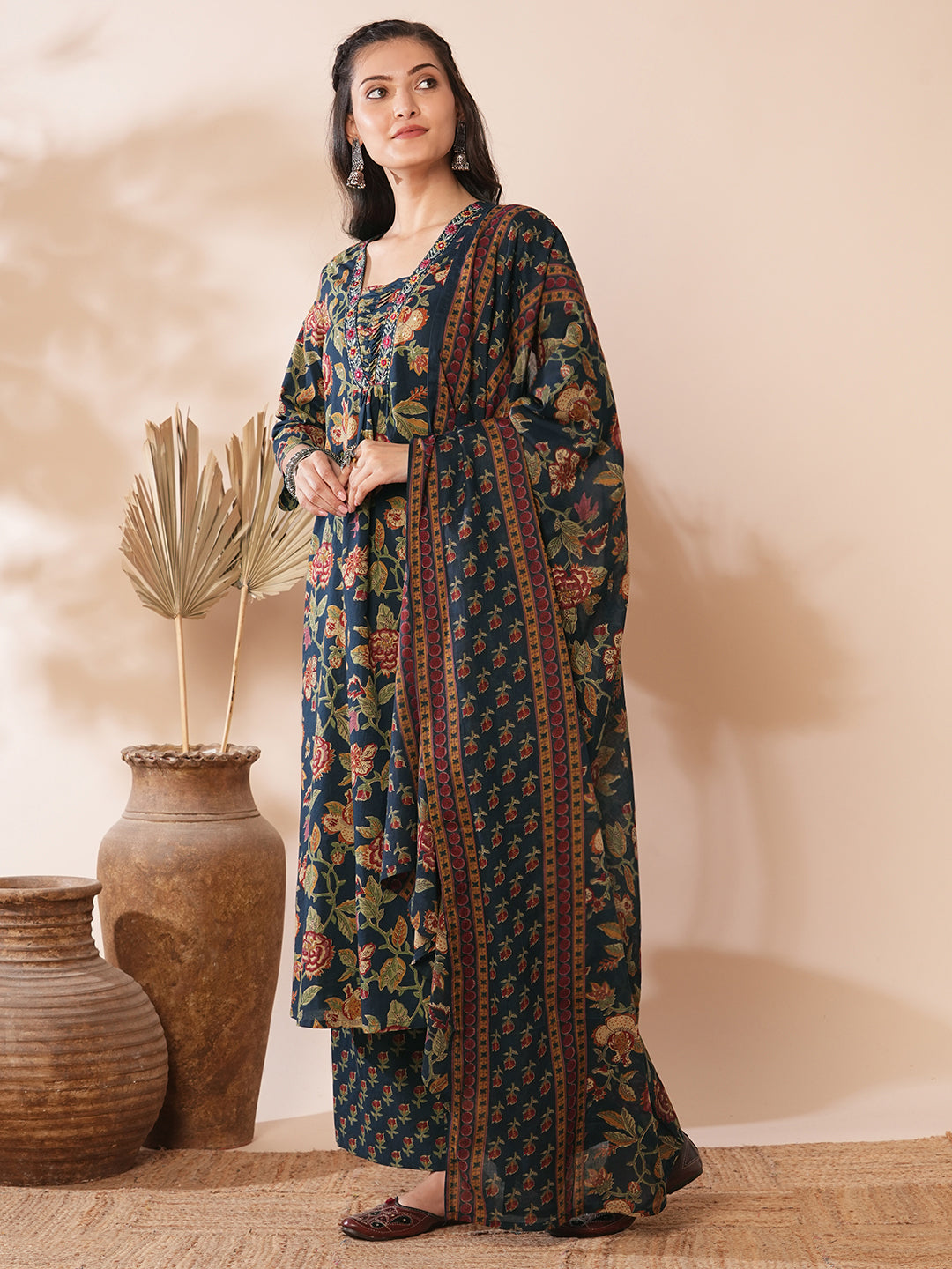 Ethnic Floral Printed & Embroidered A-Line Kurta with Palazzo & Dupatta -Teal Blue